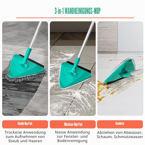JEHONN Bodenwischer Wischmopp mit Langem Griff 200CM, 3-In-1 Wand Mop mit 6 Ersatz Mikrofaser...