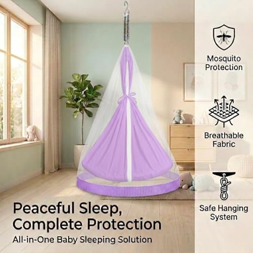 Image of Vparents Sleeping Essentials with Mosquito Net & Spring, Small Dot (Purple)