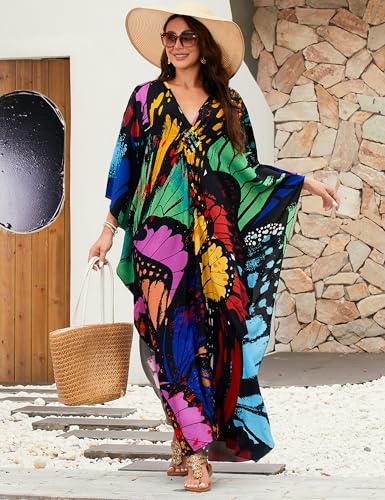 Image of MAKABO Kaftan Dresses for Women, V Neck Moo Moos Colorful Print Cover Ups Caftan Beach Dresses for Swimwear