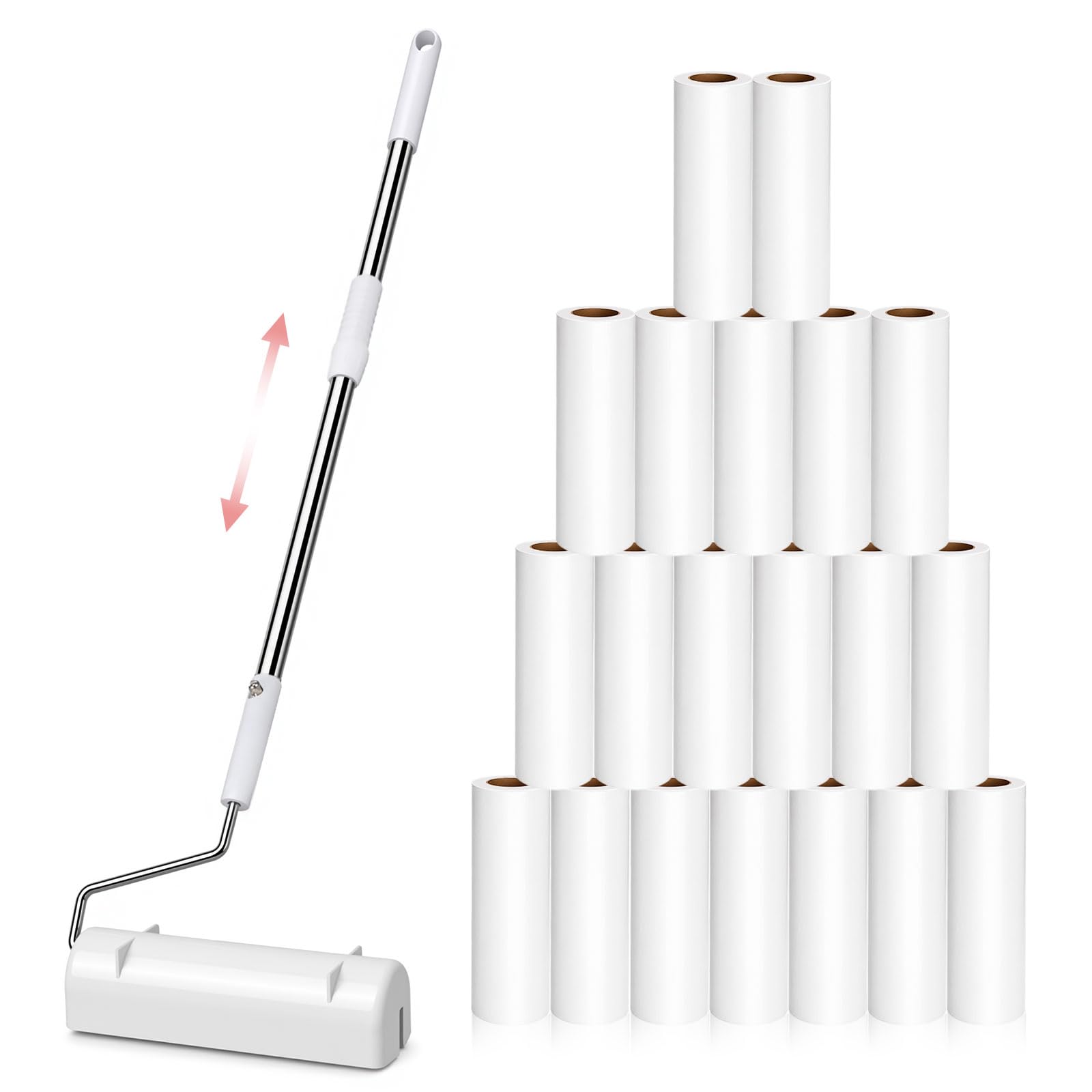 24 cm große Fusselrolle für Tierhaare, extra klebrige Bodenrolle mit langem Griff, 20 Nachfüllungen, breiter Haarentferner für Teppich, Couch, Möbel, Autositze