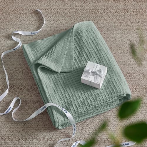 Image of Bedsure 100% Cotton Blanket Full Size for Bed - Breathable and Soft for Summer, Thick Cozy Waffle Weave Blanket Gifts for Women, Sage Green, 80x90 Inches