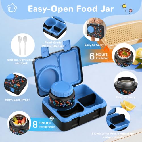Image of Bento Box for Kids, Leakproof Kids Lunch Box with 8.5OZ Thermo Food Jar & Lunch Bag, 3-4 Compartments Toddler Insulated Lunch Box for Boys, BPA Free Lunch Containers for School Daycare