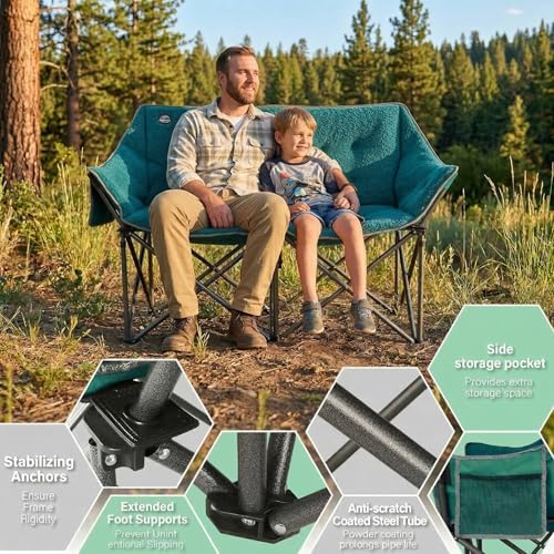 Sillones Dobles Plegables Oversized para Camping LANMOUNTAIN, Soporta 600 lbs, Cómodos para Adultos, Bolsillo de Malla, Forro de Felpa, Verde Oscuro miniatura 6