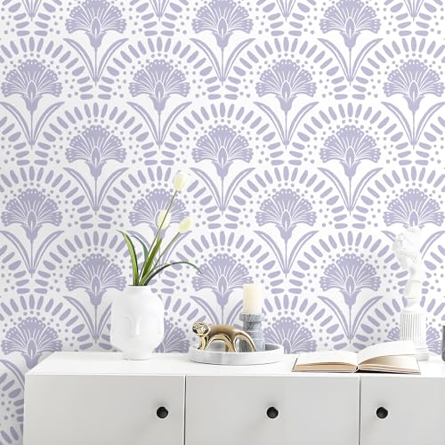 Vinjiasin Purple Floral Wallpaper Peel and Stick Wallpaper Modern Flower Contact Paper Purple/White Geometric Self Adhesive Removable Wall Paper for Bedroom Bathroom Accent Wall Vinyl Roll 17.3"x78.7"