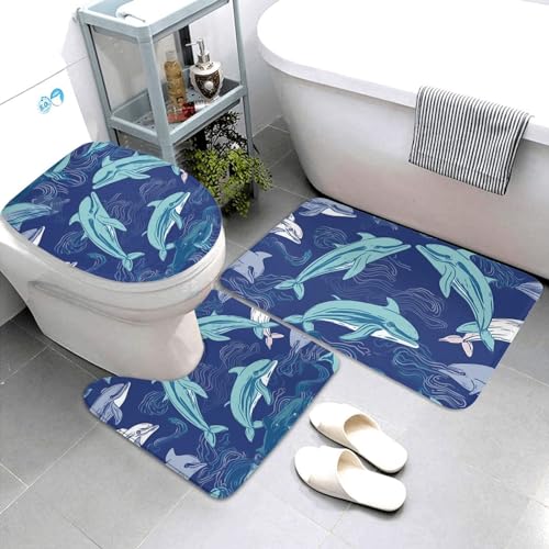 Dwrepo Dolphin Print Bathroom Rug Set 3 Piece with Non-Slip U-Shaped Contour Mat and Toilet Lid Cover for Bathroom Decoration