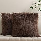 Phantoscope Pack of 2 Faux Fur Solid Throw Decorative Pillow Cover Cushion Covers Luxury Soft Decorative Pillowcase Fuzzy Pillow Covers for Bed/Couch,Coffee 18 x 18 Inches