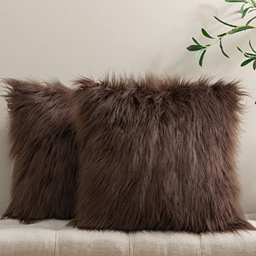 Phantoscope Pack of 2 Faux Fur Solid Throw Decorative Pillow Cover Cushion Covers Luxury Soft Decorative Pillowcase Fuzzy Pillow Covers for Bed/Couch Coffee 18 x 18 Inches