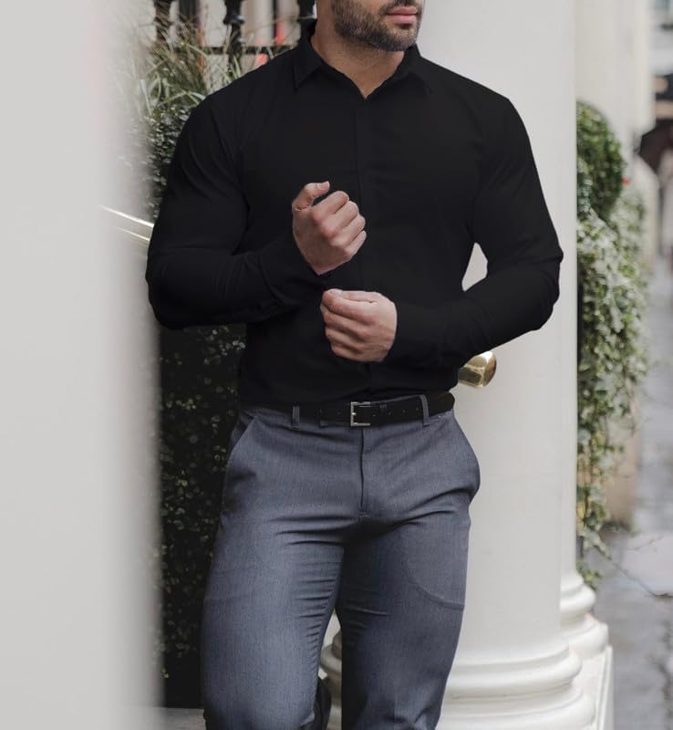 Dress Shirts for Men Stretch Slim Fit Long Sleeve Mens Dress Shirts Casual Business Muscle Fit Button Down Shirts - Image 3