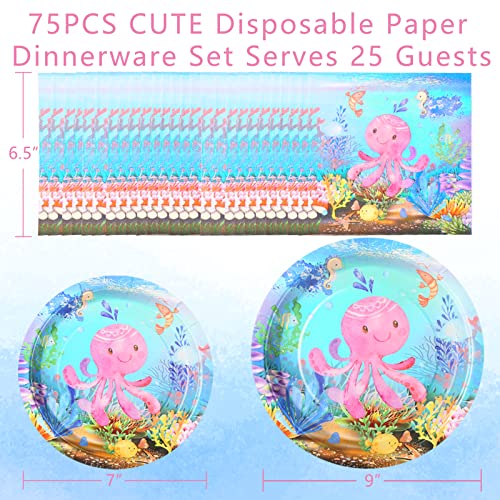Gudvilla Under The Sea Plates And Napkins Serve 25 Guests,Ocean Party Decorations Tableware Set For Sea Animal Theme Ocean Sea Life Fishing Birthday Party Supplies-Octopus Party Plates And Napkins #TOP1