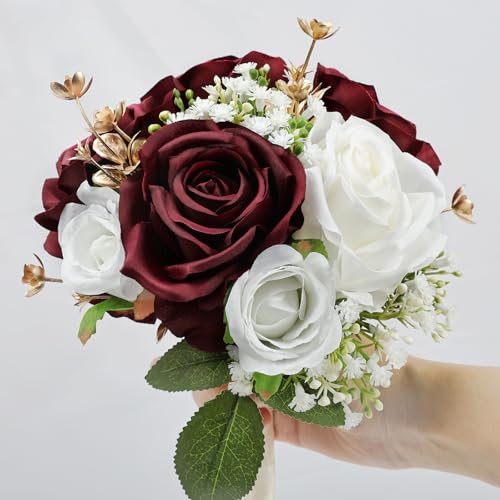 DIYDOFUN Wedding Bridesmaid Bouquets Set of 2, Artificial Silk Flowers Arrangement for Ceremony Marriage Proposal Party Anniversary Decorations - Burgundy & Gold & White by DIYDOFUN - Image 4