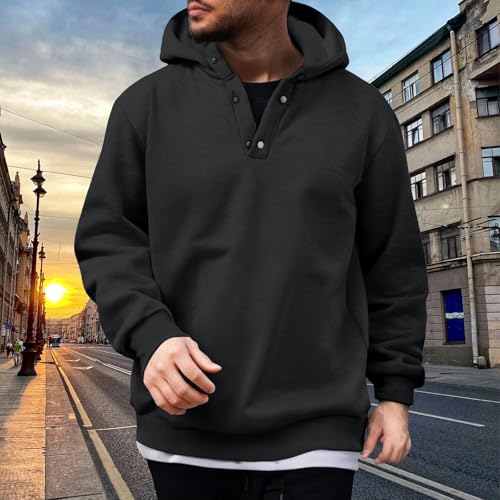 Mens Fleece Linen Hooded Sweatshirts Casual Loose Half Button Long Sleeve Oversized Pullover Hoodie Streetwear Tops3