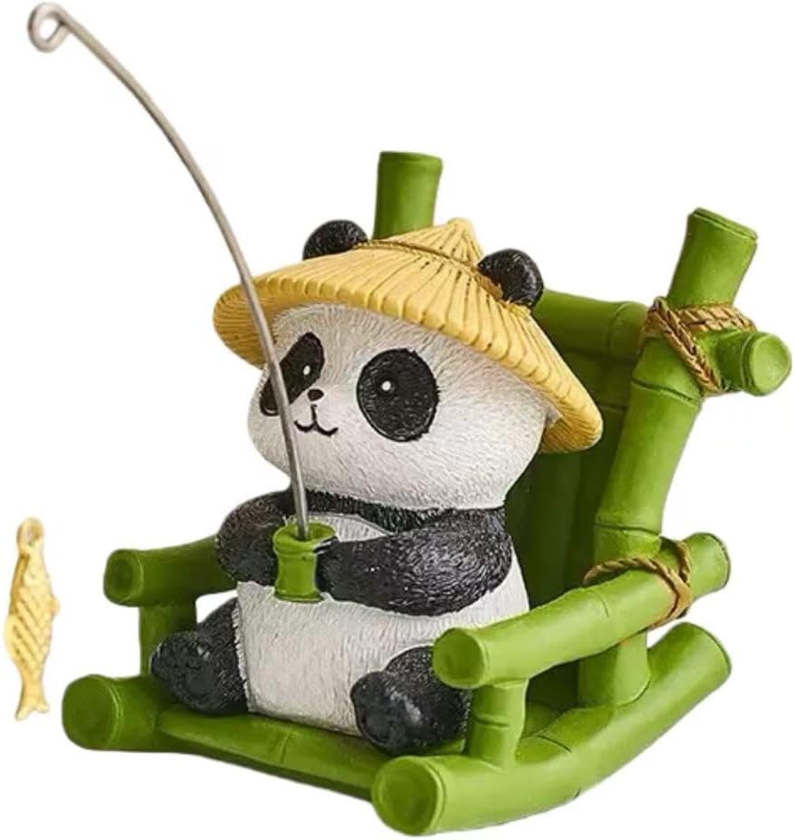 Cute Panda Figurine on Rocking Chair,Miniature Resin Statues,Funny Kawaii Desk Accessories for Office Decor,Car Dashboard Ornaments,Panda Fishing Fairy Garden Home Shelf Decoration Gift (panda)