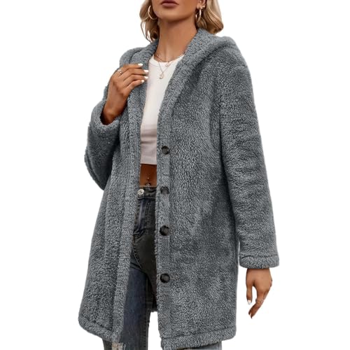 Aymnlox Women's Fuzzy Fleece Winter Jacket Faux Fur Hooded Button Down Coat - image 6