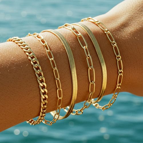 16 PCS Gold Bracelets for Women, Dainty Bracelets Set for Women Trendy, Gold Stackable Cuban Link Paperclip Chain Bracelet Pack Jewelry Gifts for Women ﻿4