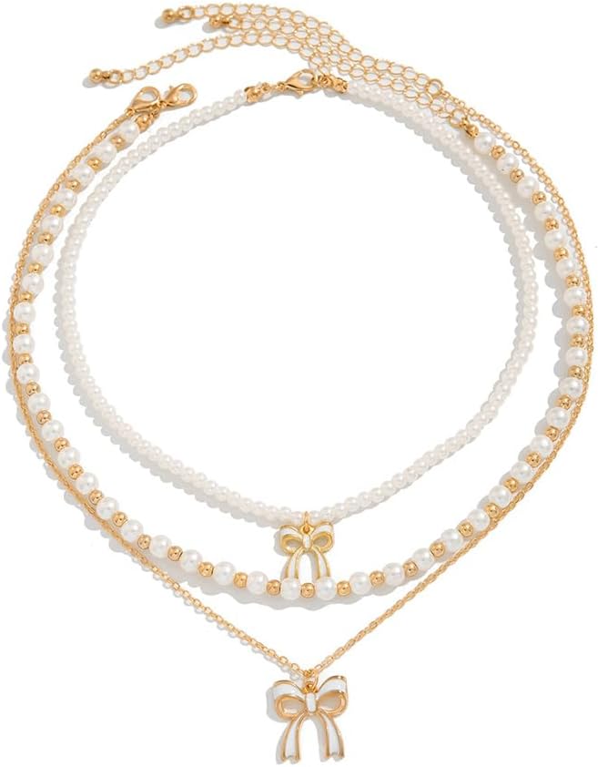 Layered Gold Bow Pearl Necklace for Women Trendy, Charm Boho Enamel Bow Knot Heart Pendant Necklace Dainty Beaded Pearl Choker Necklace Jewelry Gifts - Image 9
