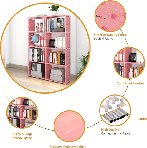 Image of TARKAN Open Book Shelf, Pink Cherry, 8 Compartment Storage Organizer, 85x26x125 cm, Moisture Resistant Fabric with Metal Frame