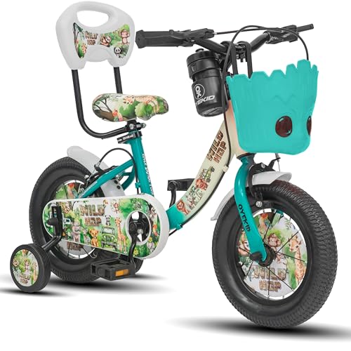 Image of WildHop 12T Kids Bicycle with Training Wheels, Backrest Seat, Basket & Safety Features for Toddlers (Cream Green, 12T)