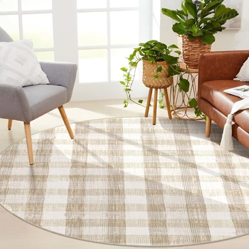 Image of Checkered Area Rug, 6 Ft, Round, Beige | Washable, Non Slip, Modern Neutral, For Living Room Bedroom Office Patio Dining Room