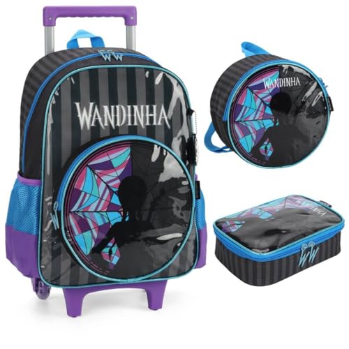 Mochila com Roda Wandinha, Lancheira e Estojo, Disney, Preta