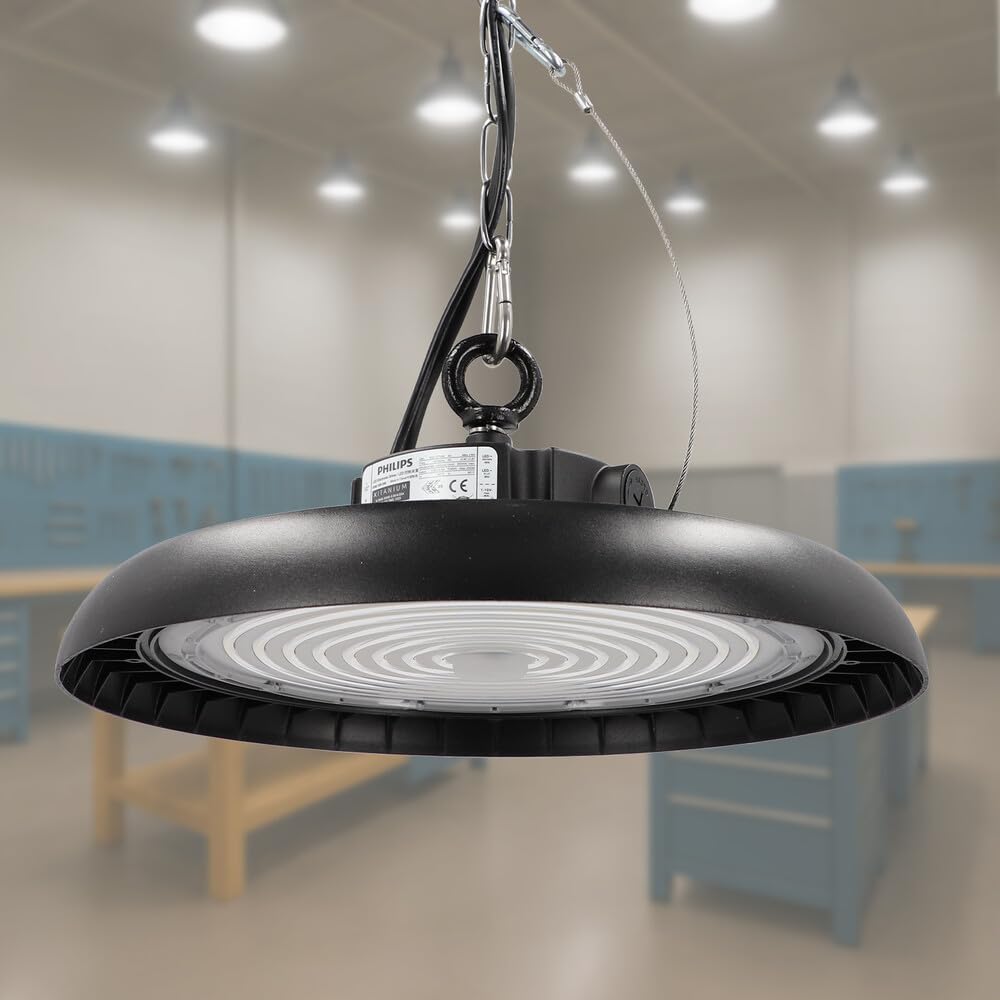 LED Hallenstrahler 200W kaltweiß 6000K 40.000lm 200lm/W 90° CRI>80 | PREMIUM-Marken-Treiber, dimmbar (1-10V), IP65, High Bay, Industrielampe, Werkstattbeleuchtung, Ø340xH110mm | 5 Jahre Garantie