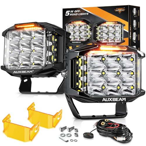 Auxbeam 5" 168W LED Cube Pods Offroad Driving Light with Amber Covers, 16440LM Bright Square Offroad Lights with Side Shooter 270° Combo Beam Ditch Light, DRL for Jeep ATV Wrangler Ford Truc