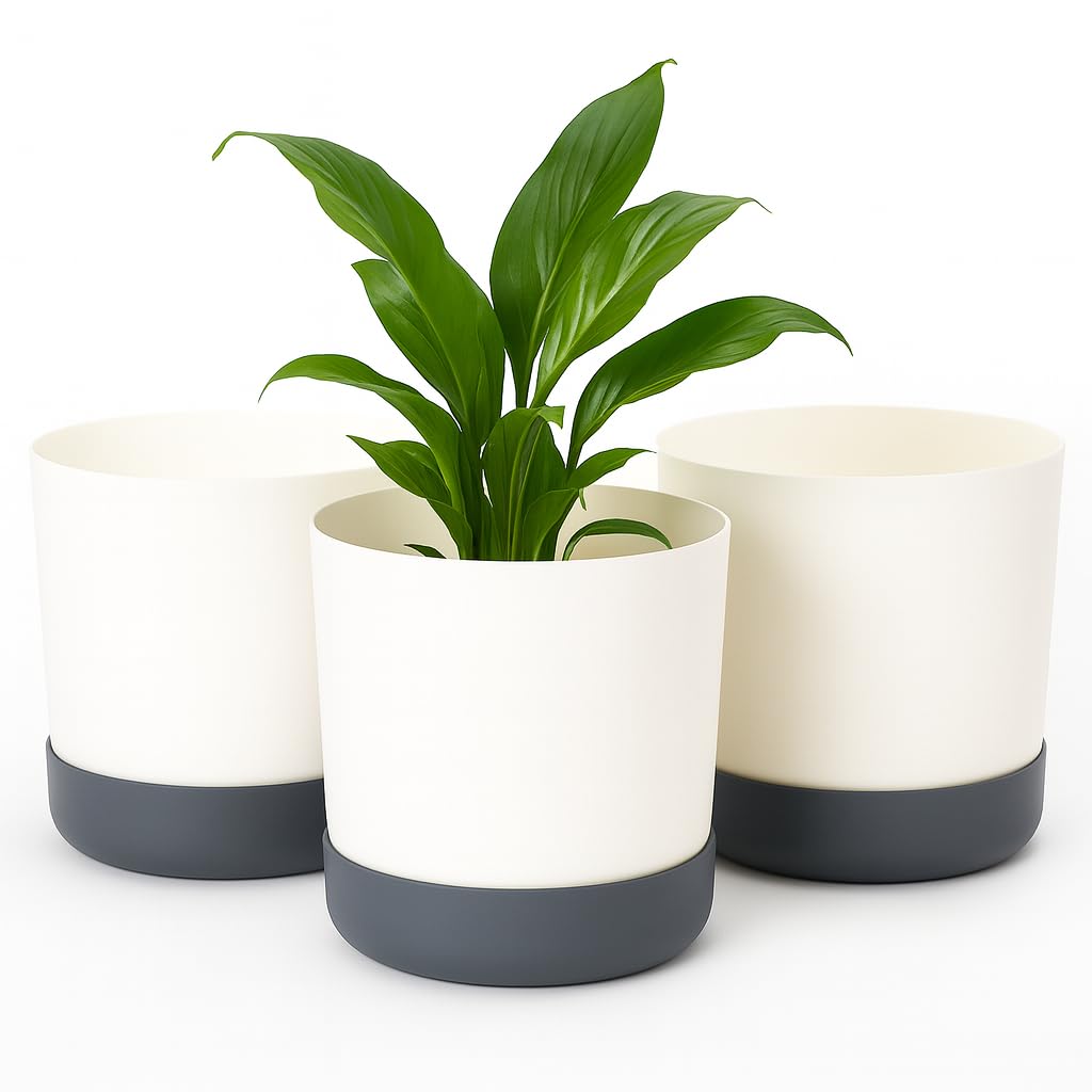 Home Garden Ornaments White + Anthracite Plant Pots Indoor – Set Of 3 Plastic Outdoor Planters With Drainage Holes And Saucer, Classy Decorative Flower Pots (15Cm / 6Inch – White/Anthracite)
