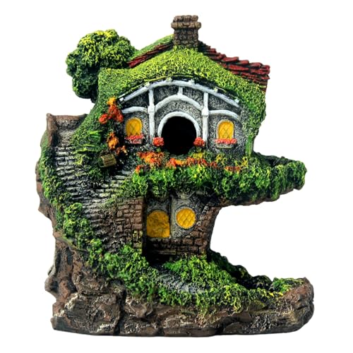 Image of RVQIGYPFish Tank Decoration Hobbit Cabin, Magic Underwater Cabin, elf House Aquarium Decoration, Hand-Carved Resin Material Anti-Fading Medium and Large Fish Tank Landscaping +Water Plants