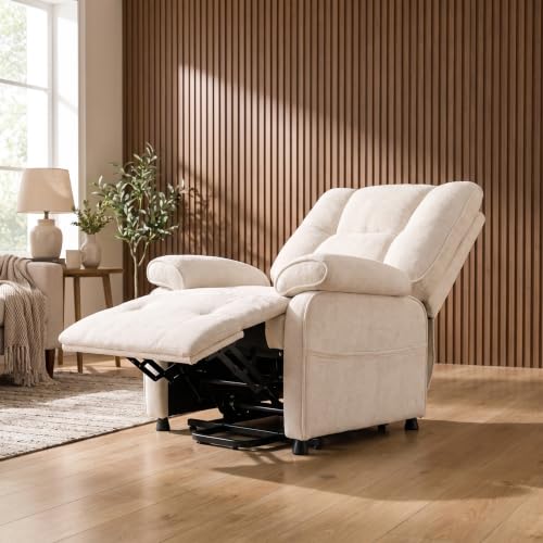 Image of Electric Recliner Chair, 90 to 160 Adjustment with Remote, Beige | Recliner Sofa with USB & Type C Charging, Chenille Upholstery and Side Storage Pocket, Zero Gravity Home Theater Seating
