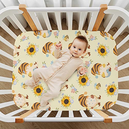 Image of Fitted Crib Sheets Cute Gnomes Bees Stretchy Portable Playard Sheets for Baby Toddler, Breathable Soft Mini Crib Mattress 52 x 28 in for Boys and Girls