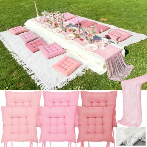 Hillsuren 8 Pcs Fit for 6 People 91 x 71 Extra Large Outdoor Picnic Blanket with Pink Table Runner and Pink Floor Pillow Cushion Fit for 6 People Picnic Wedding Birthday Baby Shower Backyard Decor