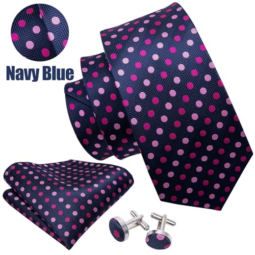 Image of Barry.Wang Ties for Men Silk Tie Sets Polka Dot Woven Necktie Pocket Square Cufflinks Business Wedding