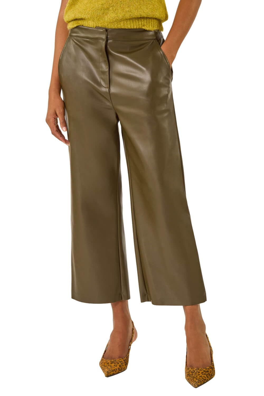 Roman Originals Women's Olive Faux Leather Wide Leg Crop Trousers For Uk - Everyday Autumn Winter Comfy Soft Evening Vacation Work Party Night Out - Size 20
