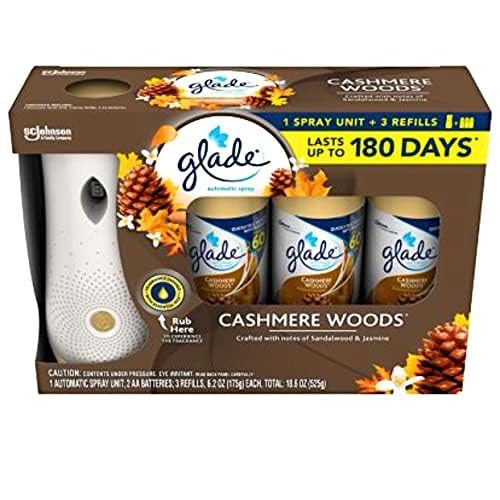 Glade Automatic Spray Cashmere Woods: 1 Automatic Spray Unit; 2 AA Batteries; 3 Refills, 6.2 oz Each, Total: 18.6 oz