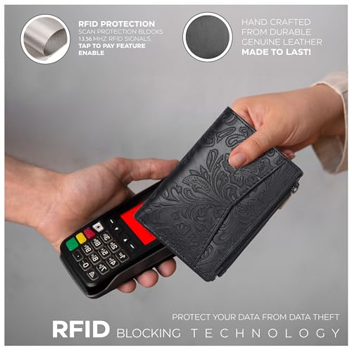 Image of Oak Leathers Leather Wallet For Women - Small RFID Coin Purse Credit Card & ID Holder for Ladies, Gift for Women's, Bifold Wallets (Crazy Horse Black Flower)