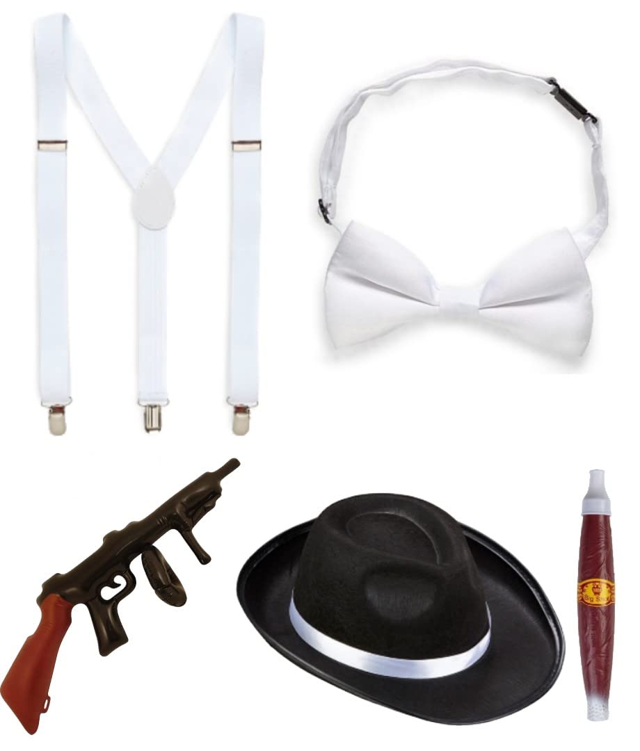 1920s Men Fancy Dress Accessories, Mafia Gatsby Gangster Costume Set with Black Hat, White Braces, Bow Tie, Fake Cigar & Inflatable Tommy Gun - Prom Cosplay Event Gangster Big Daddy Outfits Kit