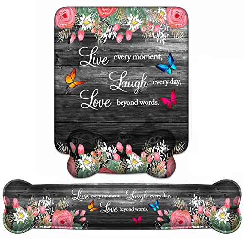 Keyboard Wrist Rest + Mouse Pad Wrist Support Set with Coasters, Non-Slip PU Base Ergonomic Mousepad for Home Office Working Studying Easy Typing & Pain Relief, Floral Quote Live Laugh Love