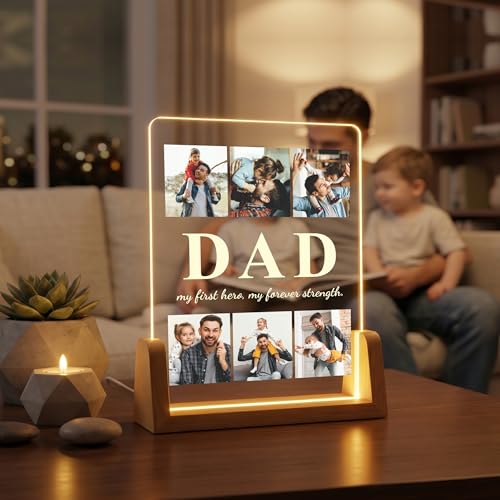 Image of Giftplease Rectangular Acrylic Wood Tabletop Photo Frame for Fathers Day | Custom Picture Layout Warm Led Light Base Desktop Night Decor Standee for Papa Dad Husband Stepdad Grandfather