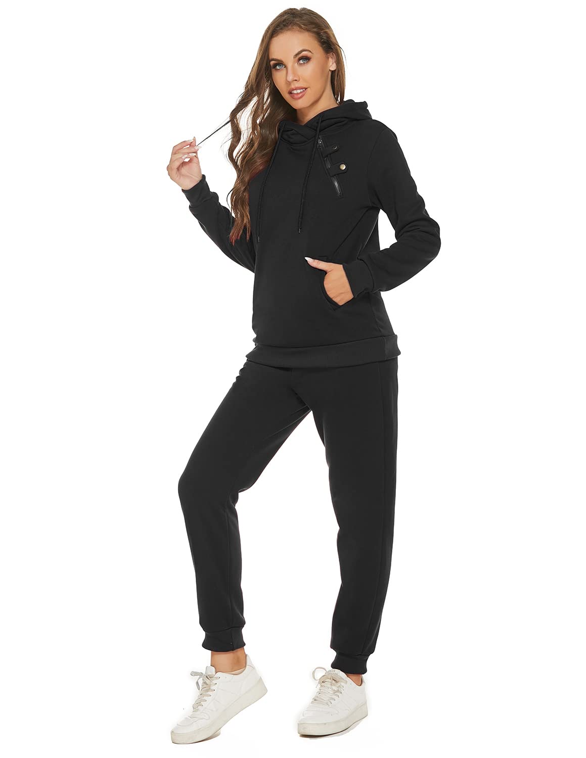 Damski dres treningowy, dwuczęściowy, z długim rękawem, z kapturem, na jesień, zimę, do jogi, fitnessu, uprawiania sportu, na czas wolny, czarny, S