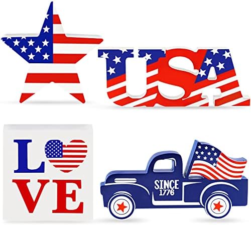 4th of July Decor Patriotic Decorations 4Pcs Wooden Star USA LOVE...
