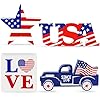 4th of July Decor Patriotic Decorations 4Pcs Wooden Star USA LOVE Car Sign Fourth of July Table Decorations Memorial Day Red White and Blue Decor