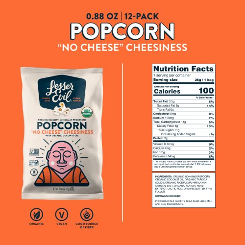 Image of LesserEvil No Cheese Cheesiness Organic Popcorn, Premium Quality, Minimally Processed, No Vegetable Oil, 0.88 Oz, Pack of 12
