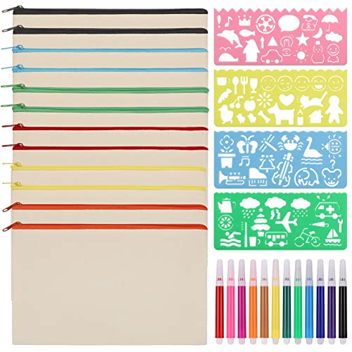 Hejo Bolsas de Lona en Blanco con Cremallera, 12 Lápices de Tela para Bricolaje, Bolsa de Cosméticos Pequeña, Bolsas Personalizadas para Pintar, con 12 Lápices de Colores y 4 Plantillas de Pintura Cover