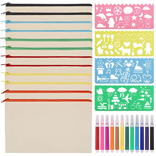 Hejo Sacs en Toile Vierges avec Fermeture à Glissière, 12 Trousse à Crayons en Tissu pour le Bricolage, trousse a personnaliser pour peinture, jeunes et adultes, avec 12 couleurs et 4 modèles peinture