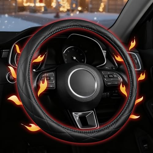 Heated Steering Wheel Cover PU Leather 12V Car Wheel Heater with Overheat Protection Rapid Heating Universal Fit 14.515.5 for Cars & Trucks (Black)