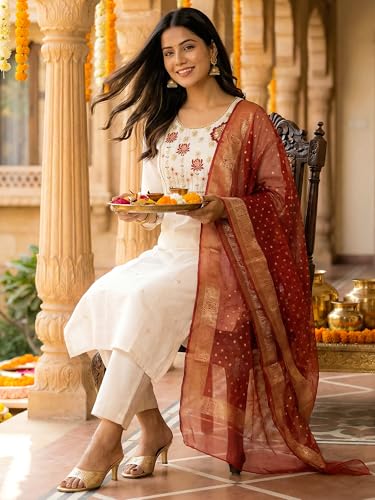 Image of INDO ERA Women's Silk Blend Embroidered Thread Work Kurta & Pant with Dupatta Set | Suit Set For Women