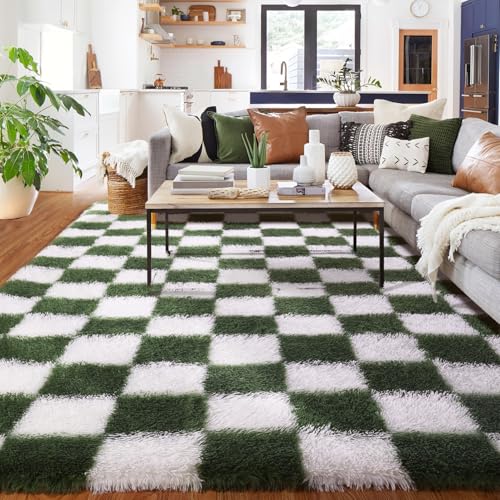 Tapis Damier Salon 120x180cm, Tapis Chambre Blanc et Vert Olive, Lavable En Machine Carpet, Doux Shaggy AntidéRapant Moquette, Tapis Salon Carreaux, pour Descente de...