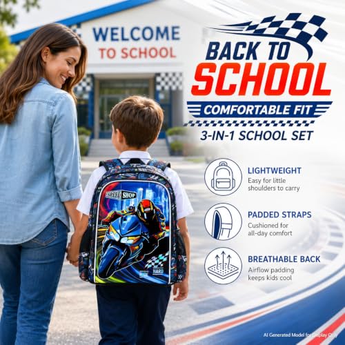 Image of HPJGD 3PCS Boys Motocycle Backpack, Water Resistant Kids Bookbag Set with Lunch Box, Cute School Bag for Preschool Toddler