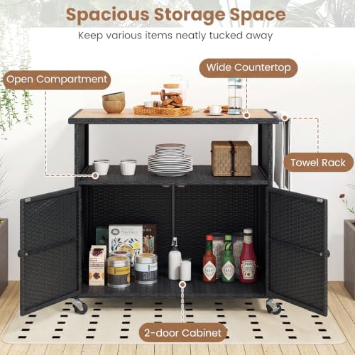 Image of Tangkula Rattan Outdoor Storage Cabinet with 4 Wheels, Black