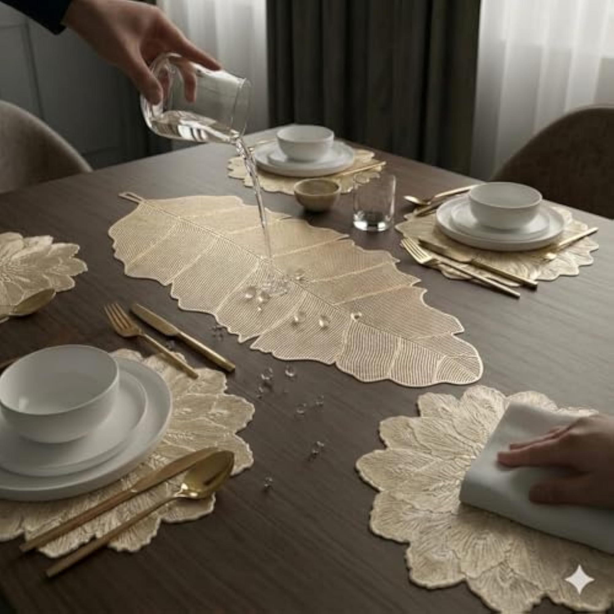 Flower Shape Dining Table Mats with 1 Leaf Table Runner