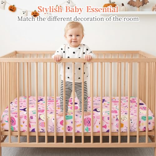 Image of JISEN Halloween Fitted Crib Sheets for Boys Girls 52x28 Inch Skeleton Pink